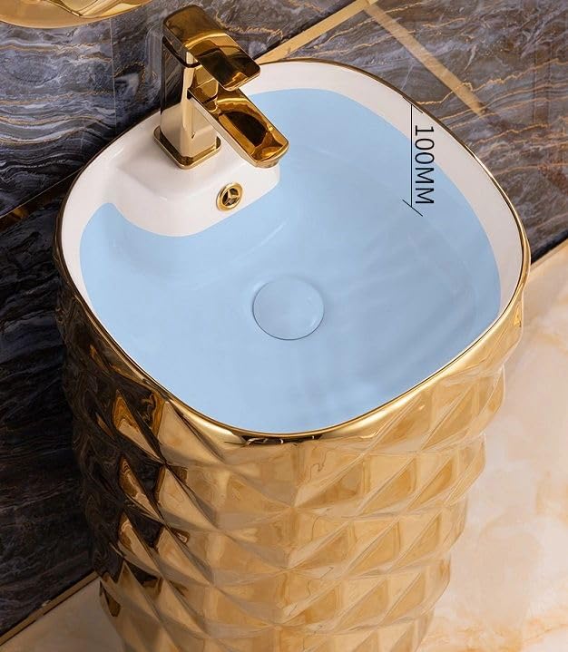 Designer pedestal wash basin designs in gold ceramic square free standing basin, side angle