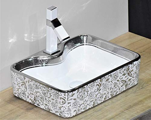 Modern wash basin on table look, InArt rectangular tabletop washbasin in silver white for washroom vanity