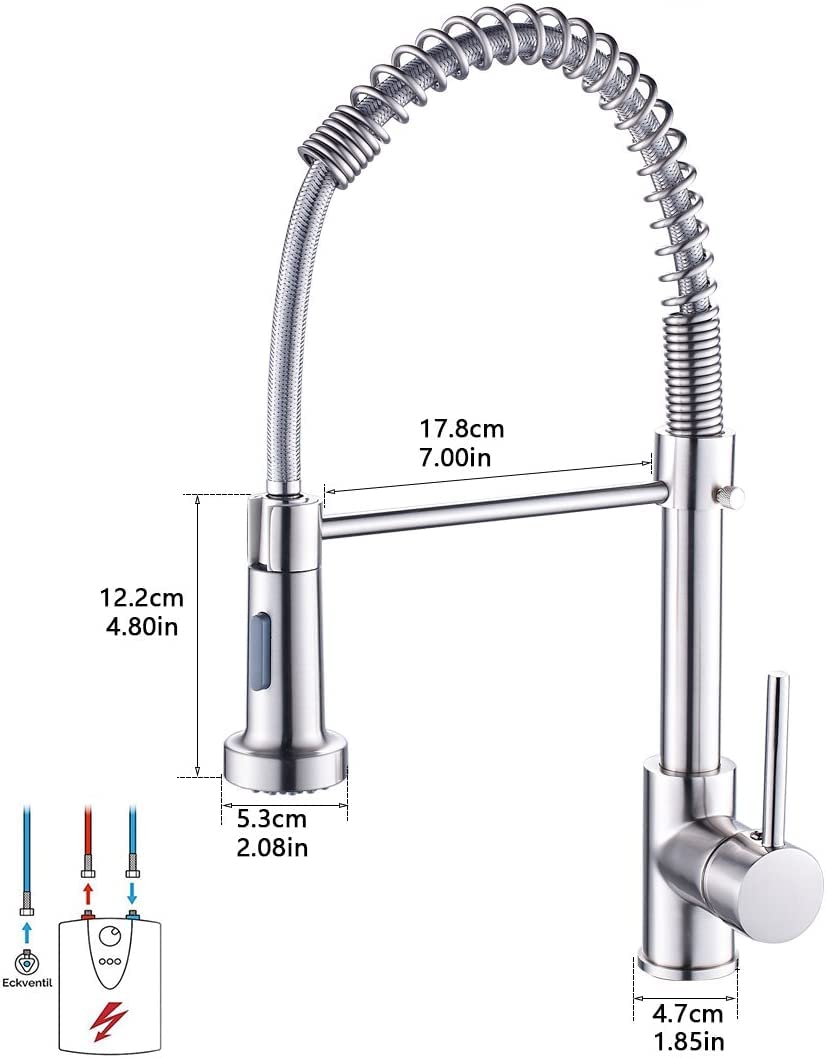 InArt kitchen sink and tapware stainless steel high-arc pull-down mixer tap in brushed chrome, front view