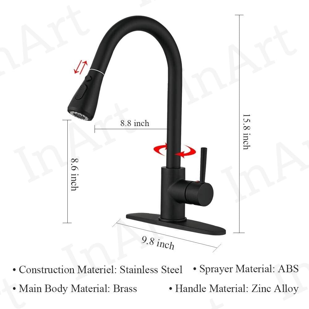 Matte black kitchen tap with pull out spray, high arc swivel spout, angled side view for modern sink