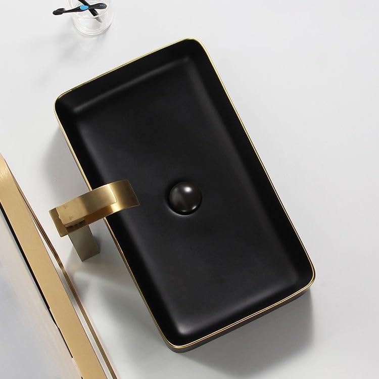 InArt ceramic table top wash basin design, rectangular matte black with gold counter basin 60x35 cm