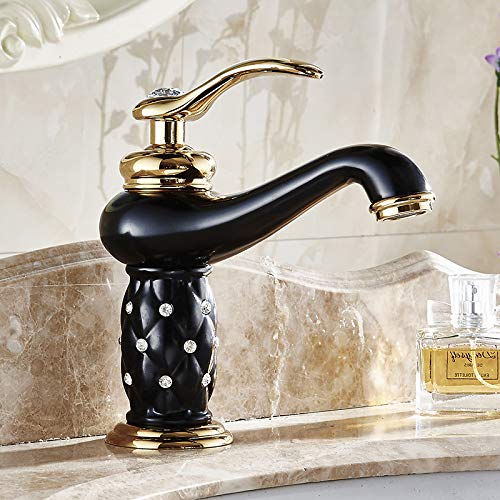 Close-up of InArt mixer wash basin tap handle and spout in black gold, premium brass bathroom fitting