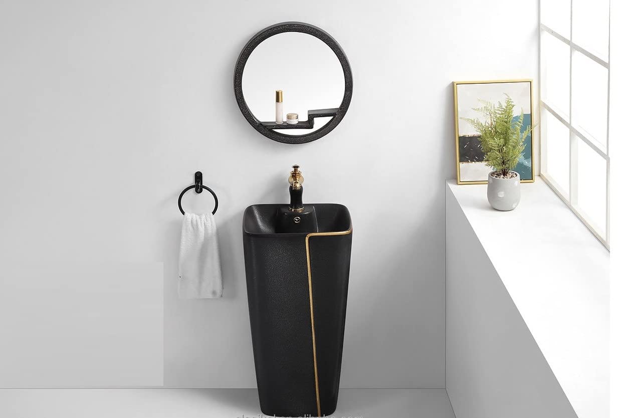 Living room wash basin design idea with InArt matte black square pedestal basin in a stylish dining room area
