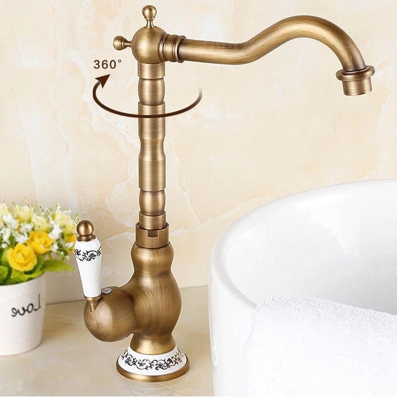 InArt wash basin mixer taps in polished antique bronze brass, high neck single lever basin mixer with hot and cold