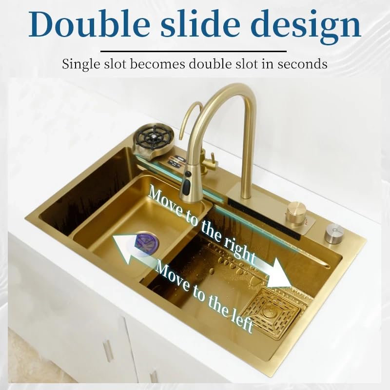 Home bar glass rinser built into brushed gold 30x18 kitchen sink, 304 stainless steel with waterfall tap set