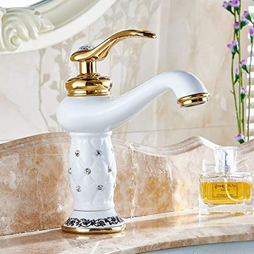 InArt brass basin mixer tap in white gold finish, single lever bathroom wash basin mixer front view