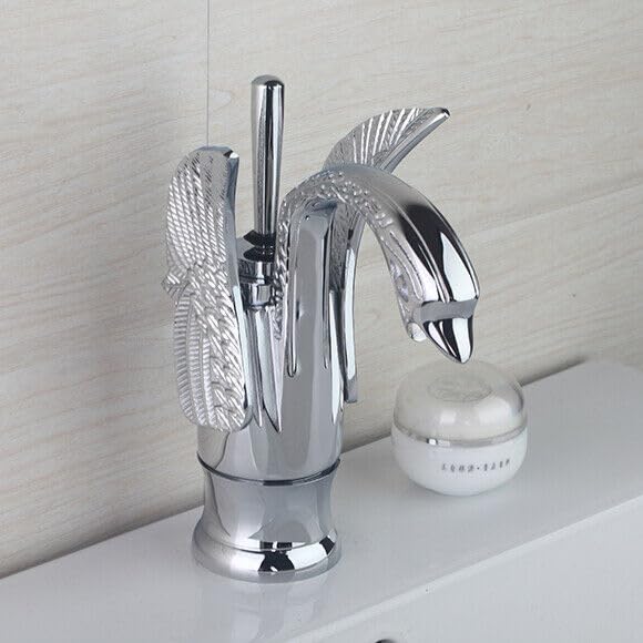 Designer wash basin mixer tap in silver finish brass, side angle view, single lever hot and cold water control
