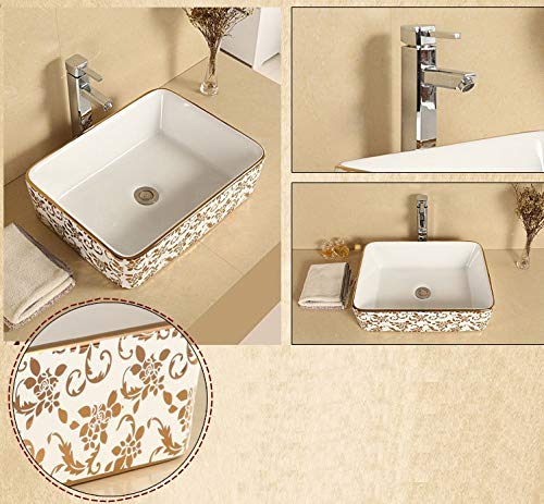 InArt ceramic table top wash basin, rectangular glossy gold white over counter design for bathroom