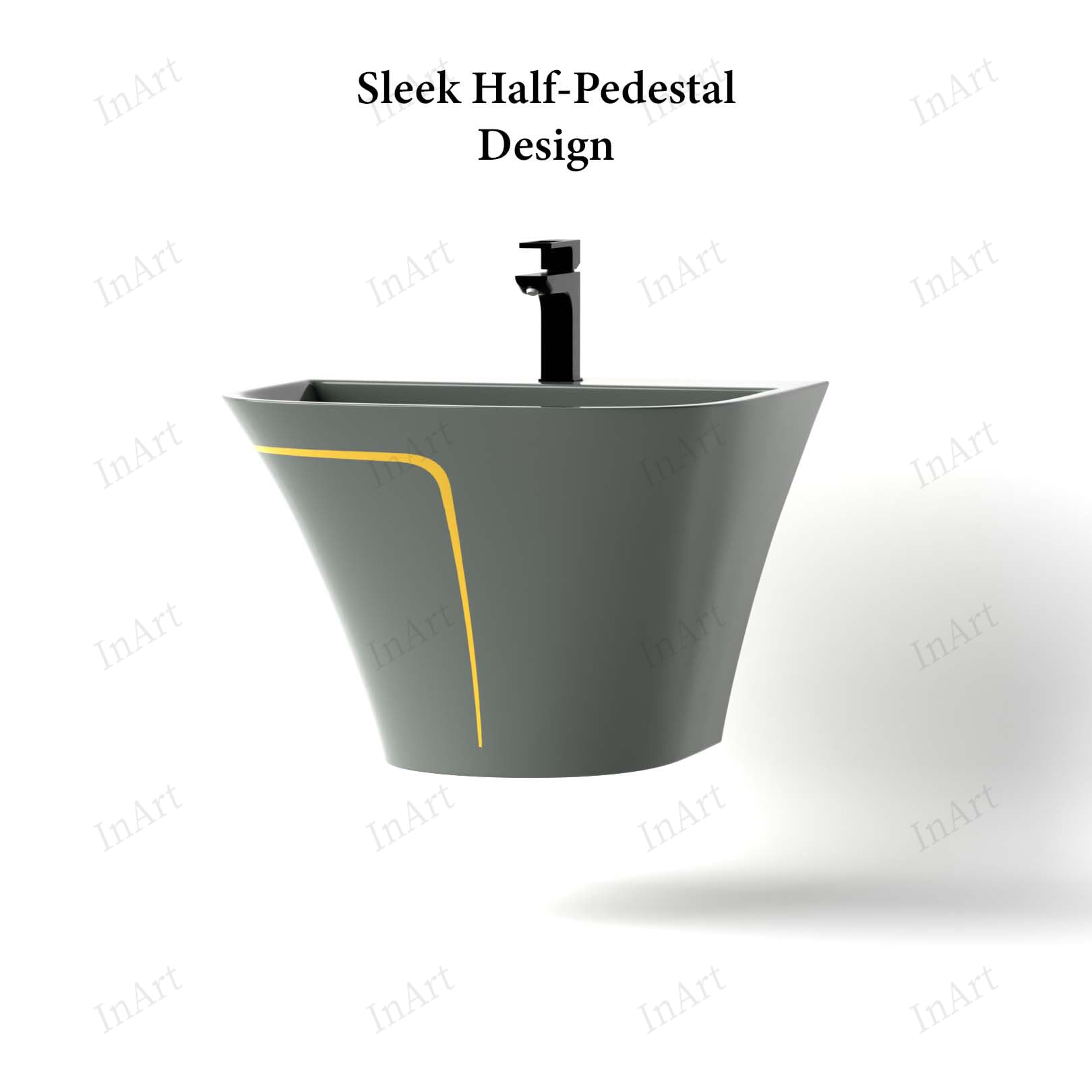 Rectangular wall wash basin with half pedestal, grey glossy ceramic, ideal for Indian bathroom interiors