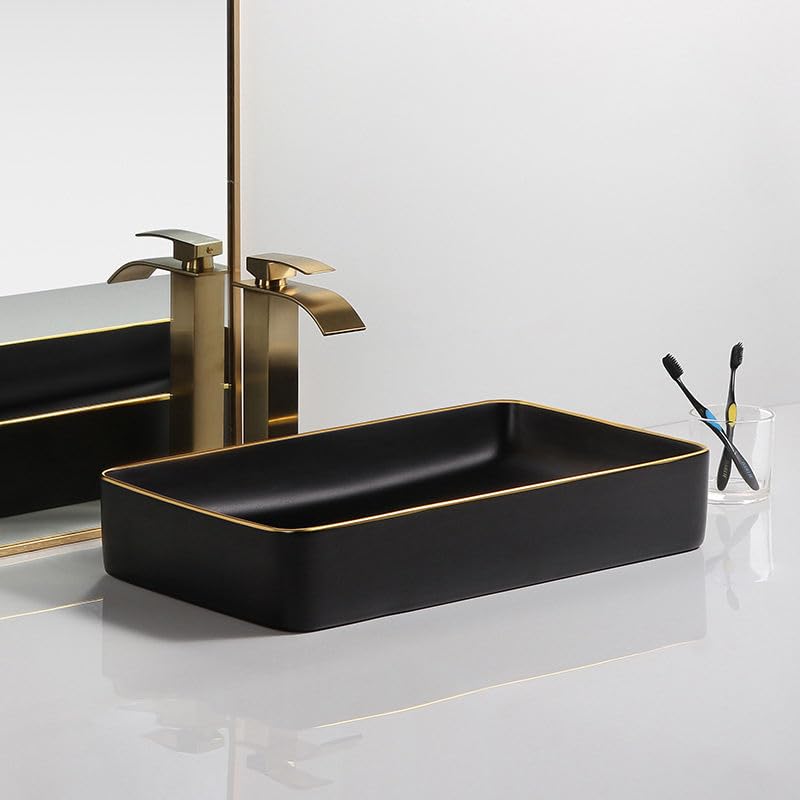 InArt ceramic table top wash basin design, rectangular matte black with gold counter basin 60x35 cm
