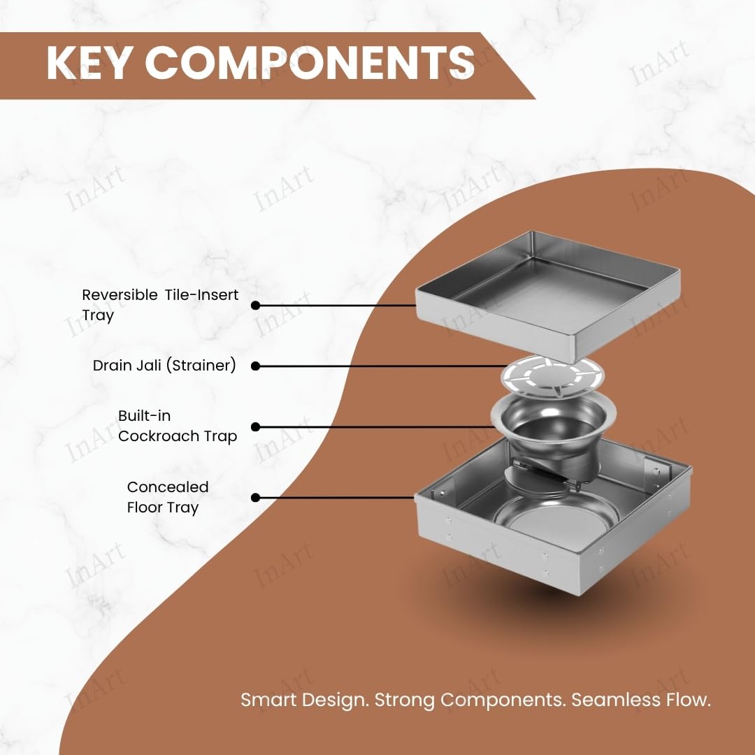 Invisible shower drain channel with tile insert, 5x5 inch square 304 stainless steel, side angle view