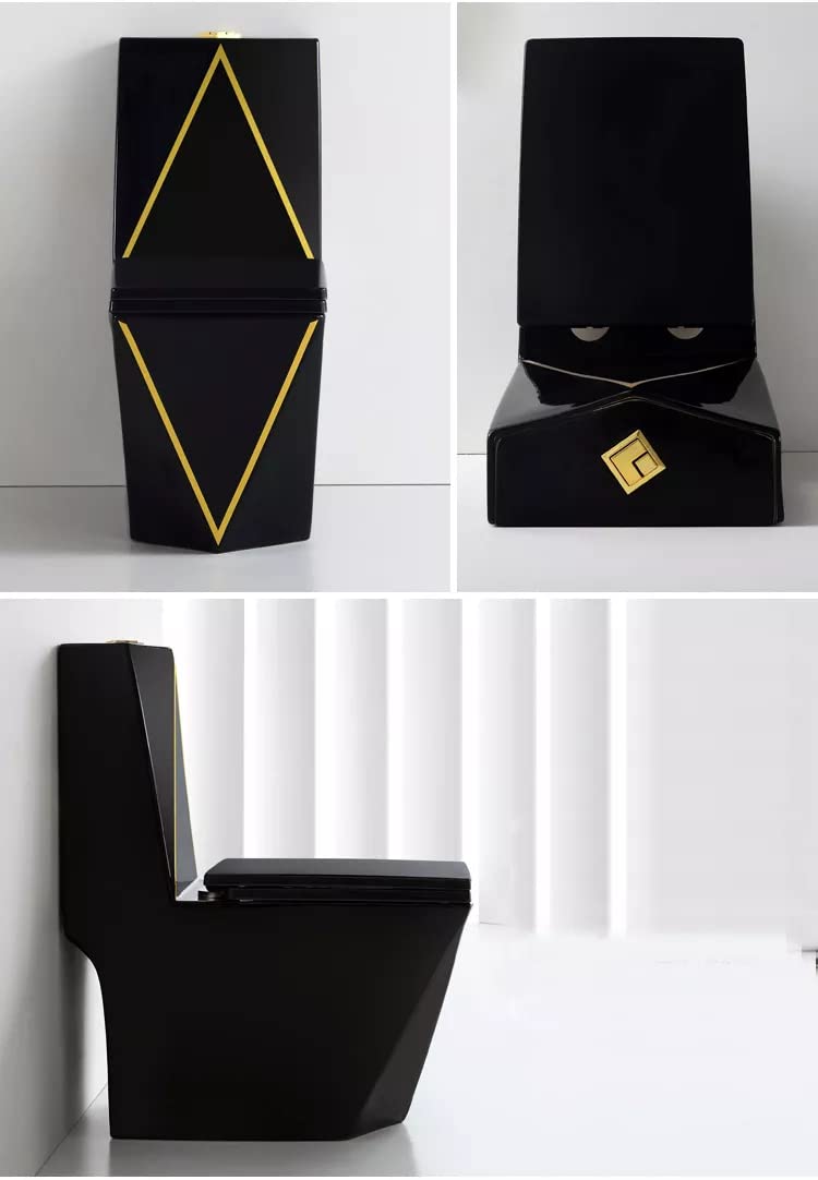 Modern bathroom commode design in black gold finish, oval one piece water closet, side angle
