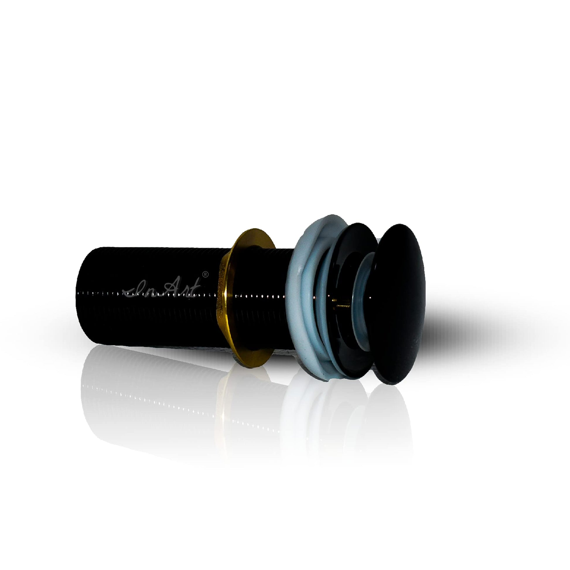 Designer wash basin waste coupling black colour by InArt, 5 inch round brass pop-up waste kit side view