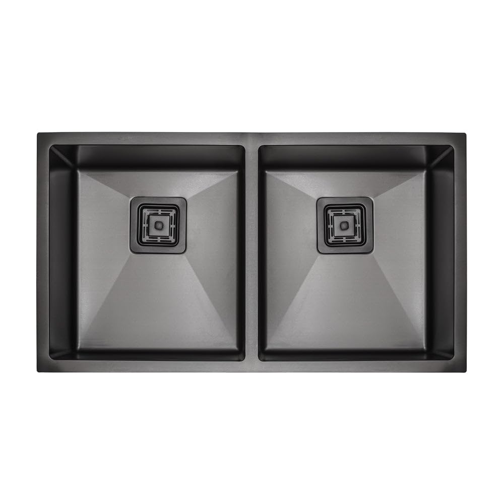 InArt black double sink in SS 304 stainless steel, rectangular top mount handmade kitchen sink, matte finish