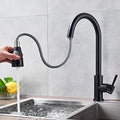 Pull out faucet for kitchen sink in black matte finish, single lever brass sink mixer angled view