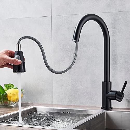 Pull out faucet for kitchen sink in black matte finish, single lever brass sink mixer angled view