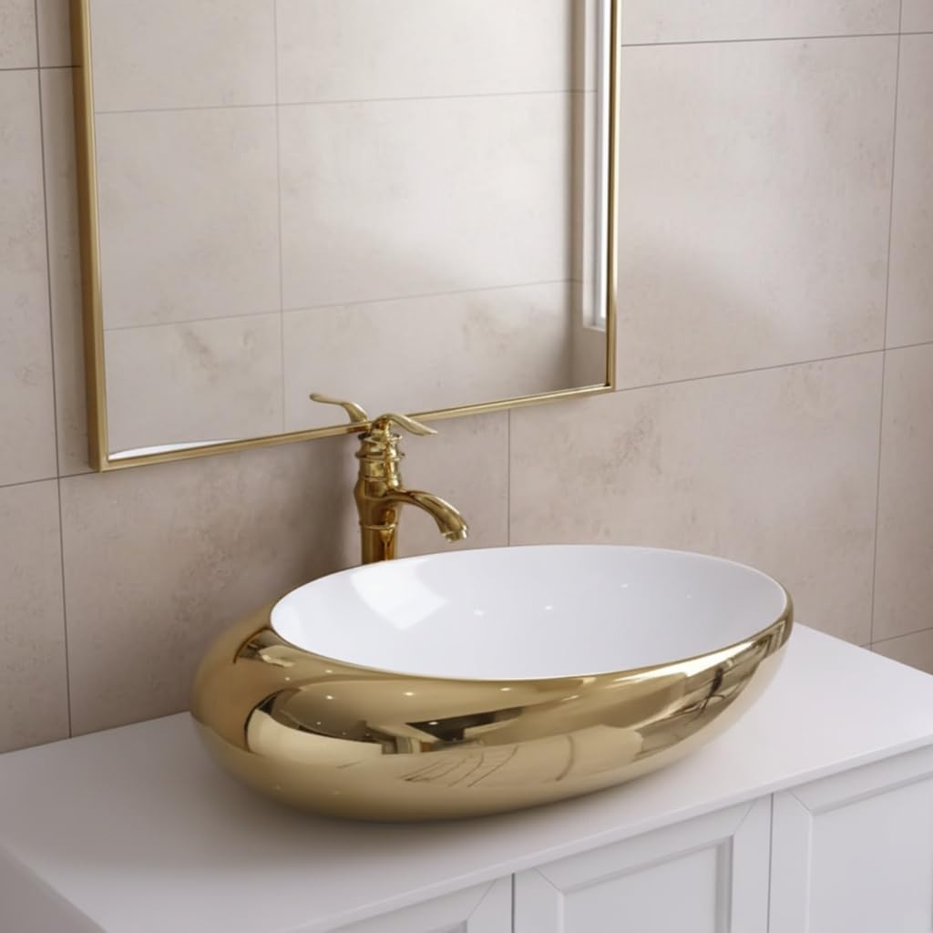 Modern bathroom wash basin table design, oval glossy ceramic table top basin in white with gold trim