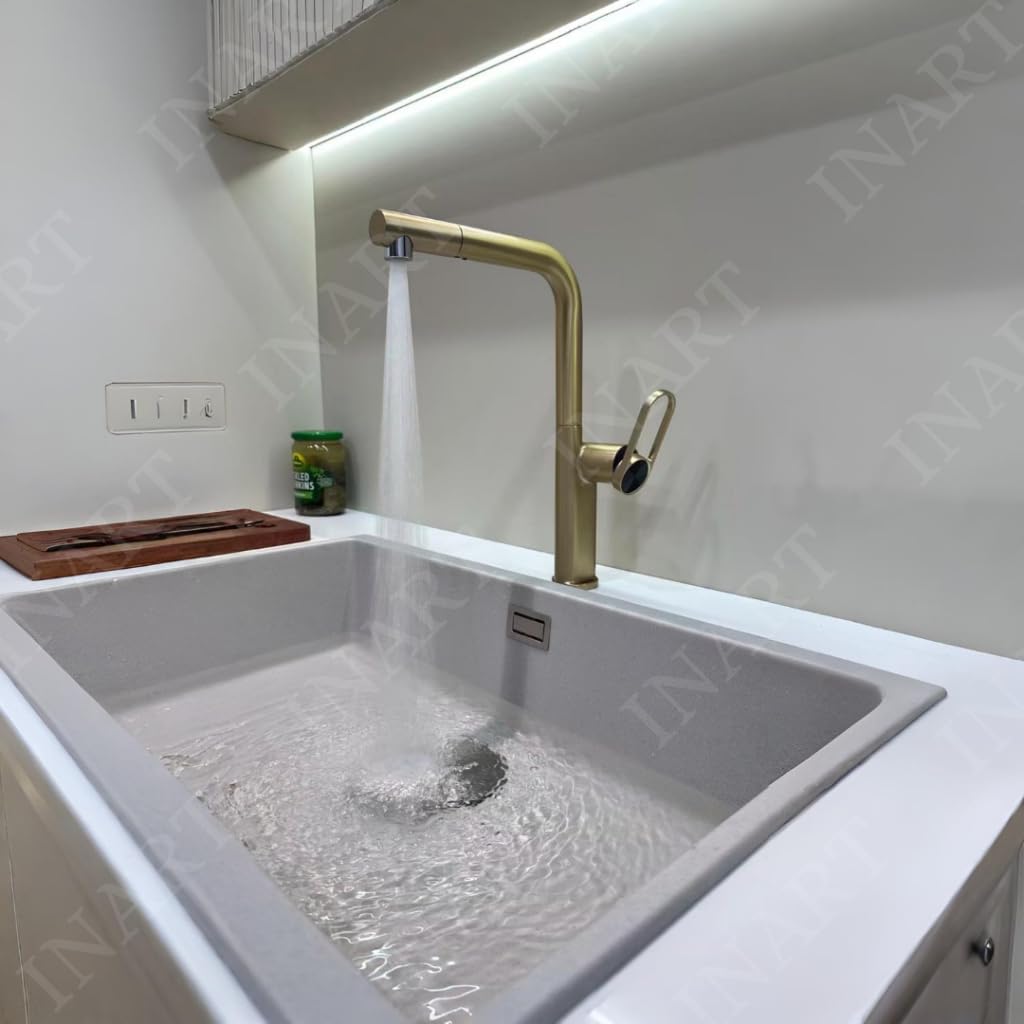 InArt Matt Gold kitchen sink mixer tap with pull-out sprayer, tap mixer