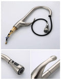 Spray for tap modes on pull-down head, stream and spray function detail on brushed chrome tap