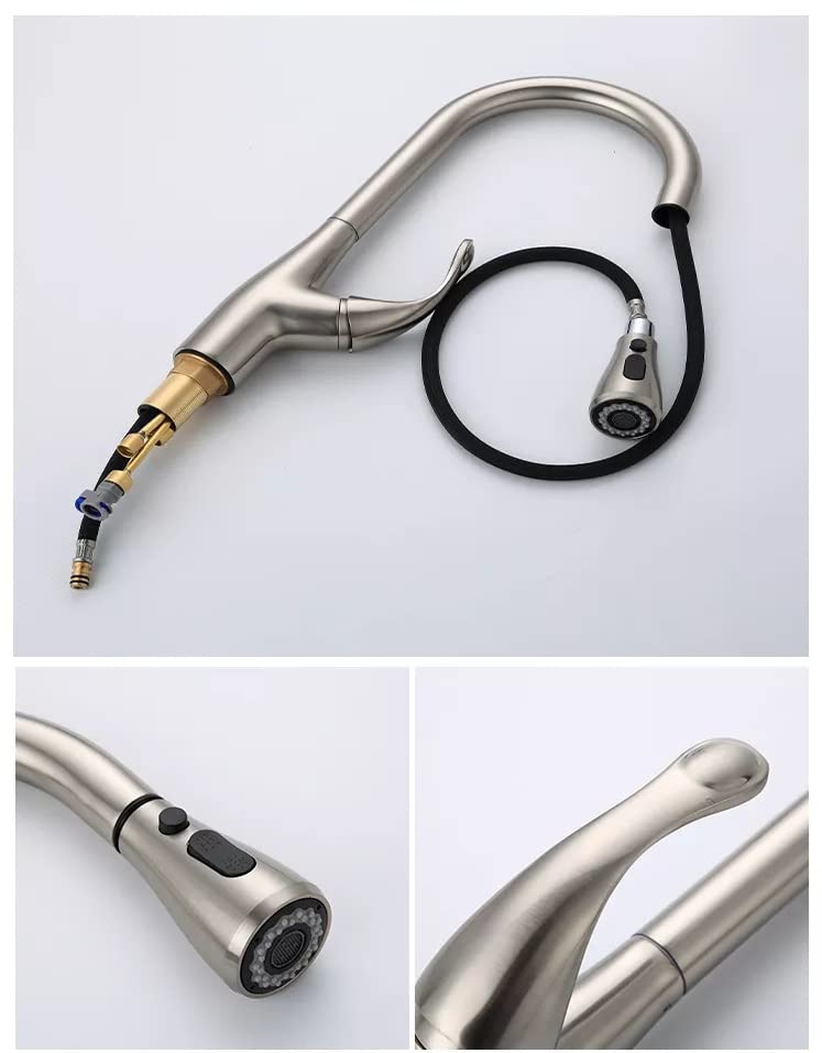 Spray for tap modes on pull-down head, stream and spray function detail on brushed chrome tap