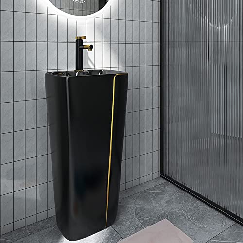 Close-up of InArt matte black ceramic pedestal wash basin, square rim and smooth finish for premium bathroom