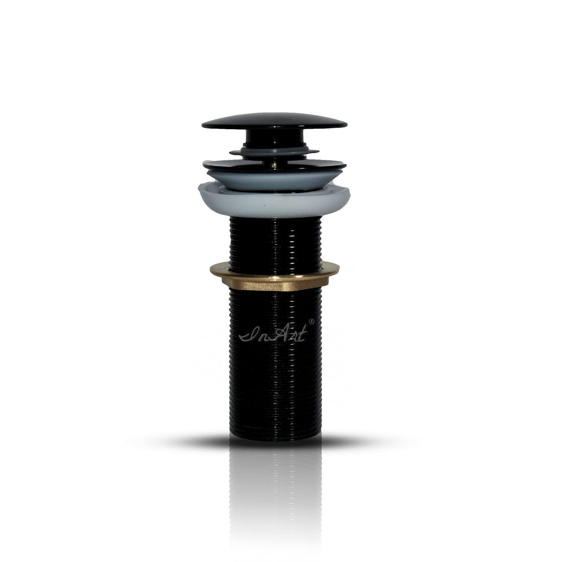 InArt table top wash basin waste coupling in glossy black brass, round pop-up drainer main view