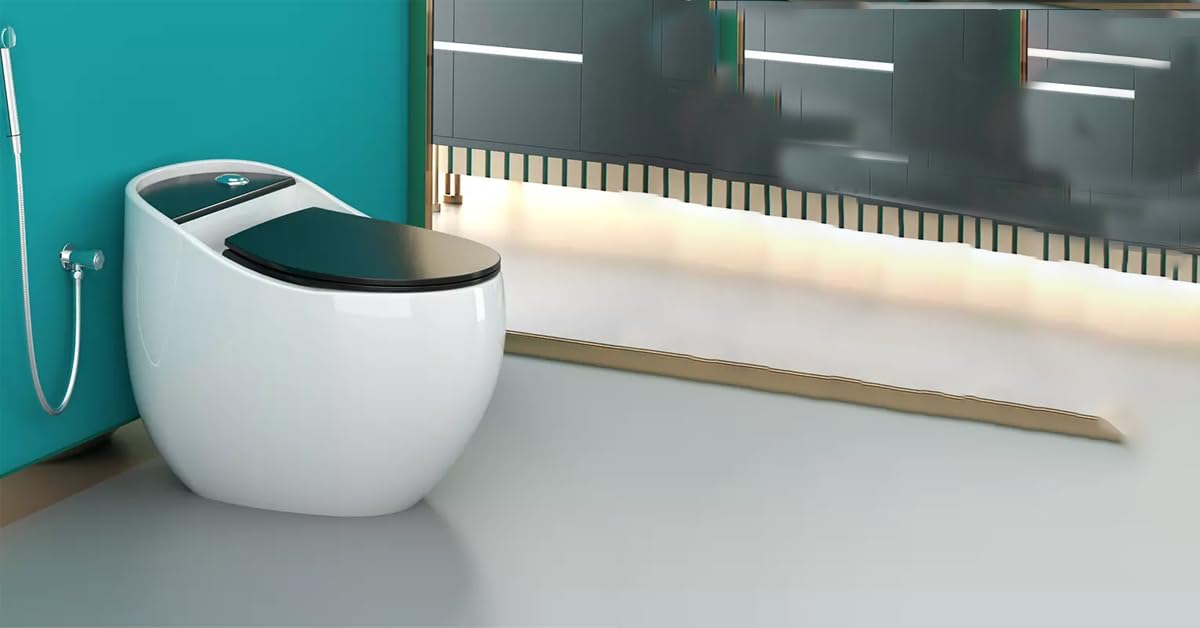 Single piece western commode in ceramic with soft close seat, front view of oval floor mounted toilet in white and black
