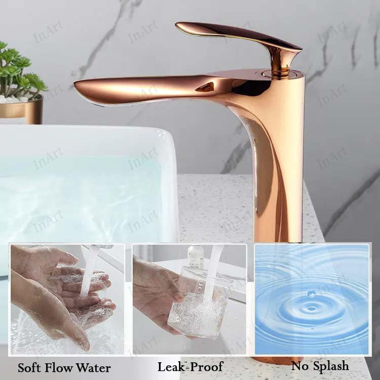 InArt washbasin pillar taps in rose gold, top view showing long neck spout and single lever control