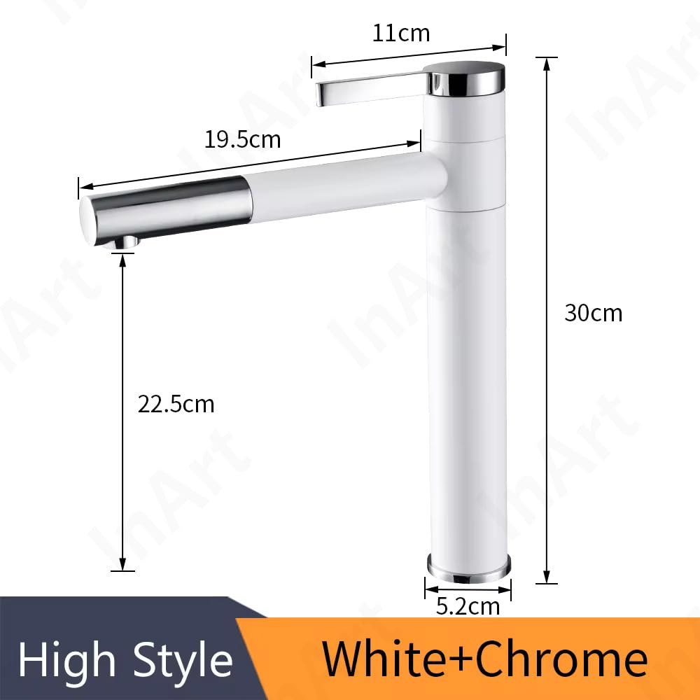 InArt designer waterfall wash basin tap single lever, white and gold finish, angled side view