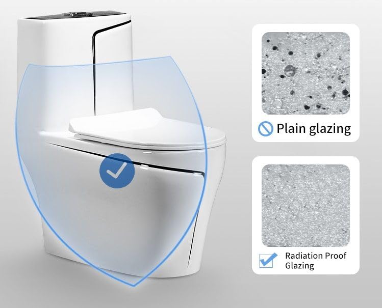 InArt one piece ceramic toilet commode rimless bowl close-up with glossy black and white ceramic finish
