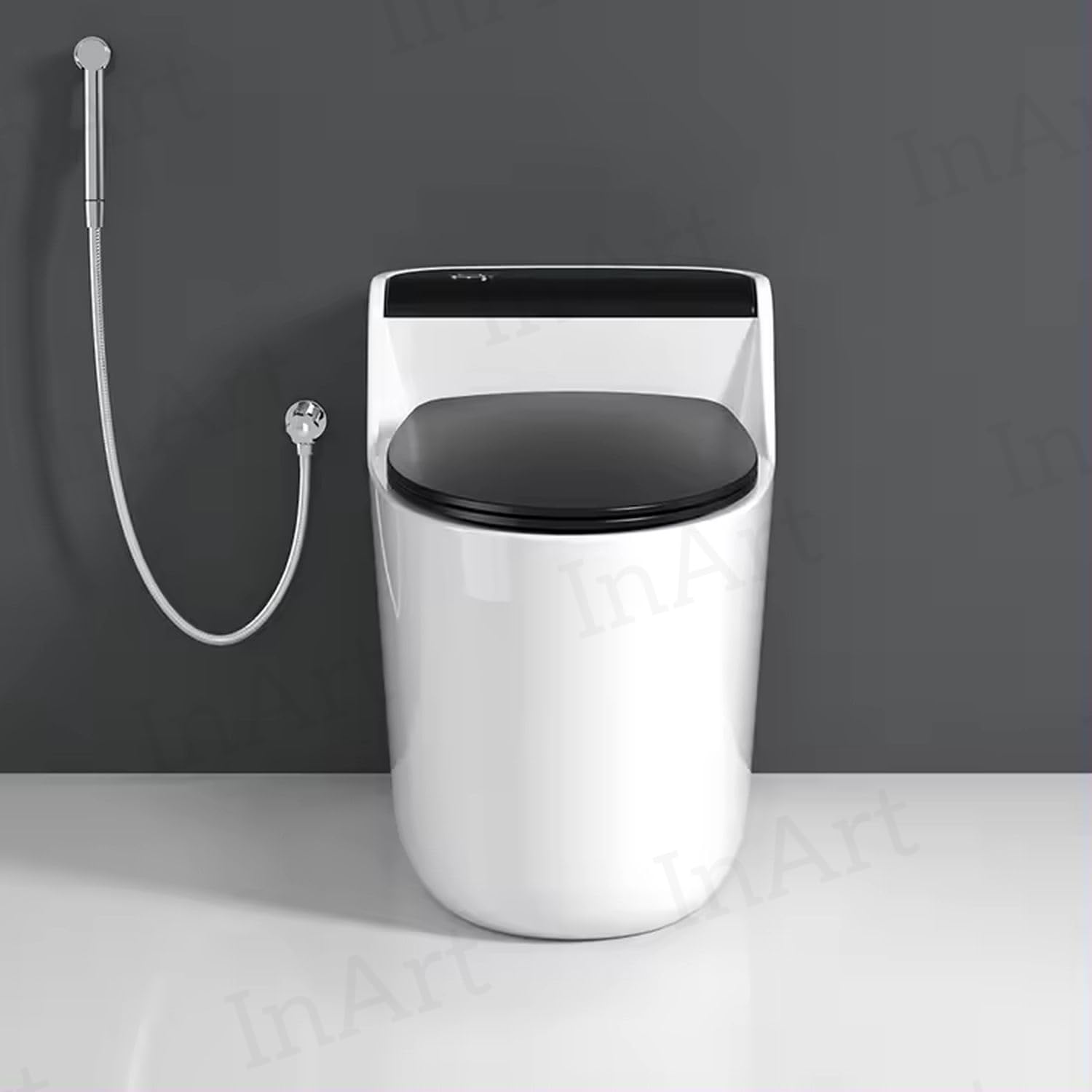 Close-up of InArt soft close toilet seat and rimless bowl, premium glossy black ceramic sanitaryware