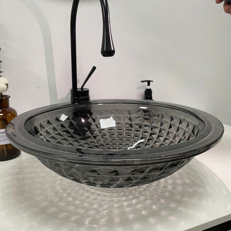Glass wash basin design in glossy black square, table top wash basin side angle for stylish washroom