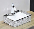 Counter top wash basin rectangular ceramic, silver white finish, side angle showing rim depth