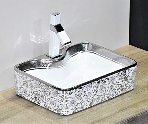 Counter top wash basin rectangular ceramic, silver white finish, side angle showing rim depth