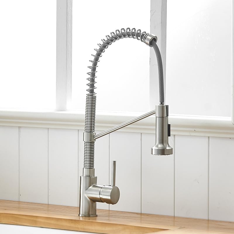 InArt pull down kitchen tap installed on kitchen sink, brushed chrome mixer with pull-out sprayer for easy cleaning