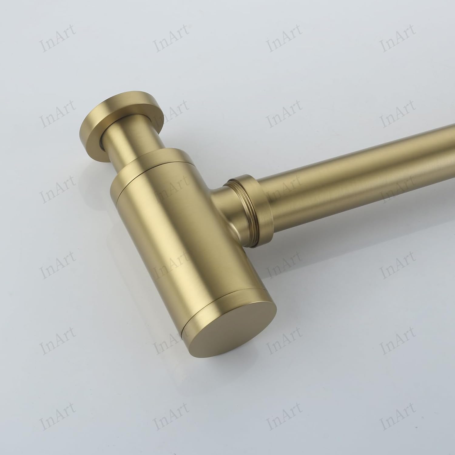 Designer brushed gold brass bottle trap for wash basin sanitaryware, premium cylindrical bottle trap detail shot