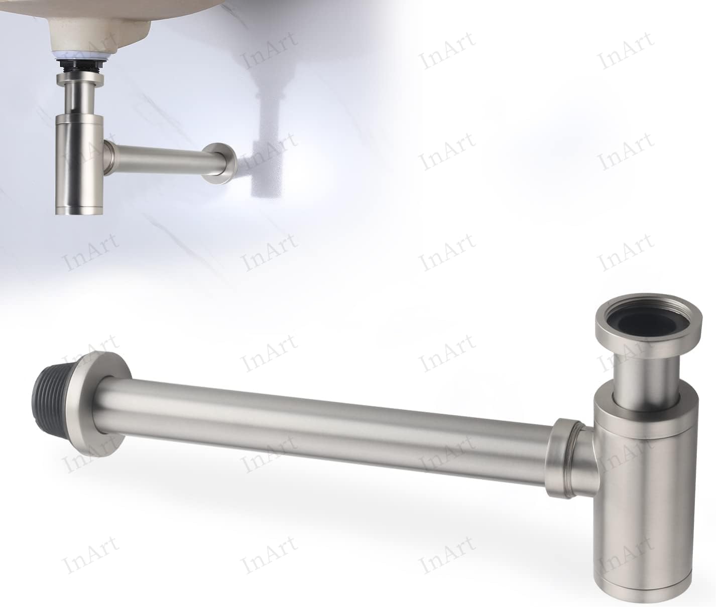Heavy duty bottle trap sanitaryware, brushed chrome brass wash basin drain trap top connection view
