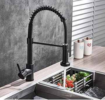 InArt brass high arc single lever kitchen sink mixer tap in matte black with 360° swivel spout, front view