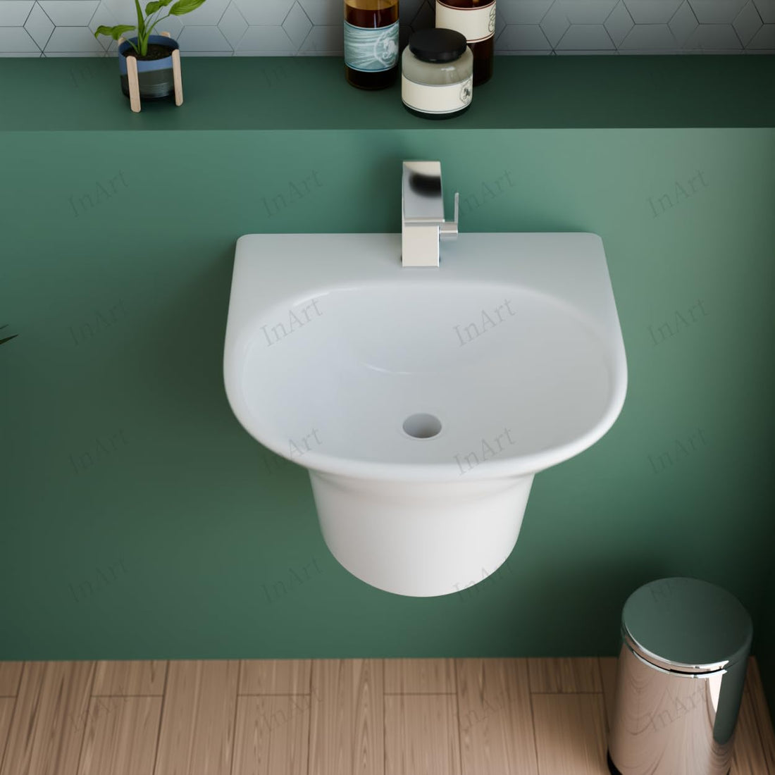 InArt wall mounted wash basin in glossy white ceramic, rectangular half pedestal design, front view