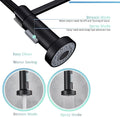 InArt black kitchen sink faucet with pull down sprayer, close-up of dual flow button and nozzle
