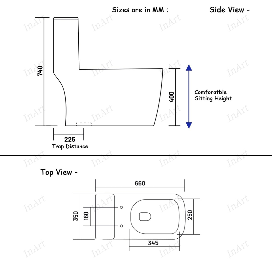InArt ceramic one piece western toilet in brown square design, floor mounted S-trap, front view