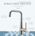 Modern mixer tap single lever kitchen sink tap in brushed nickel, side angle showing tall spout