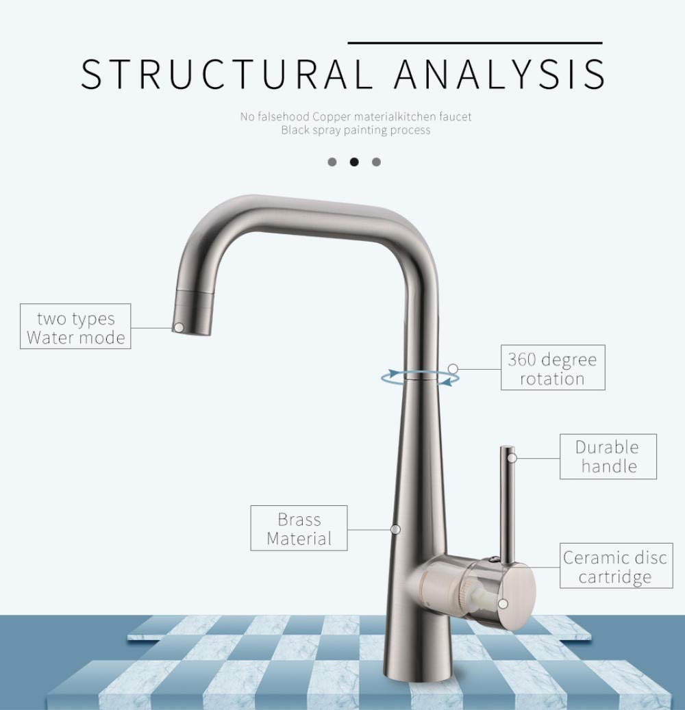 Modern mixer tap single lever kitchen sink tap in brushed nickel, side angle showing tall spout