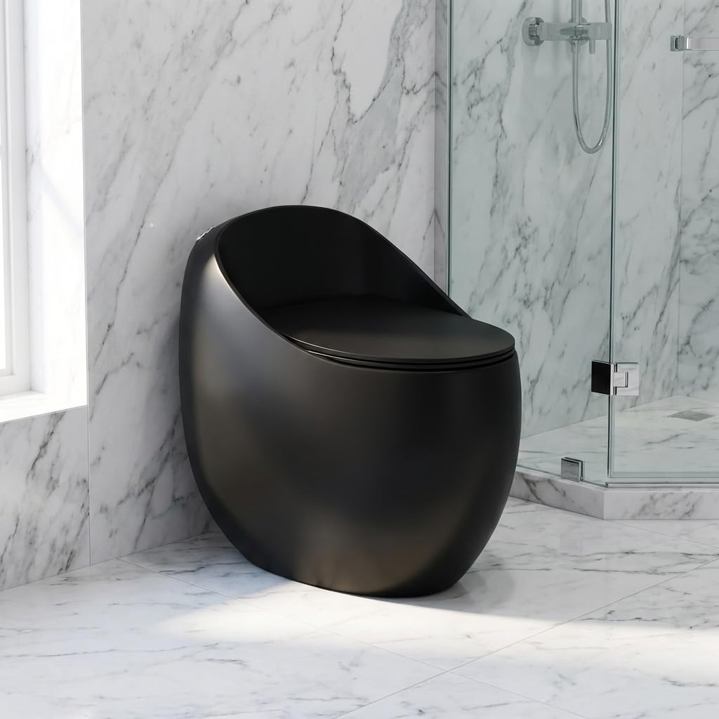 InArt ceramic one piece toilet in matte black, elongated oval floor mounted western commode, main front view