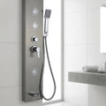 Brushed chrome shower panel with mixer valve, right angle view with 3 body massage jets and tub spout