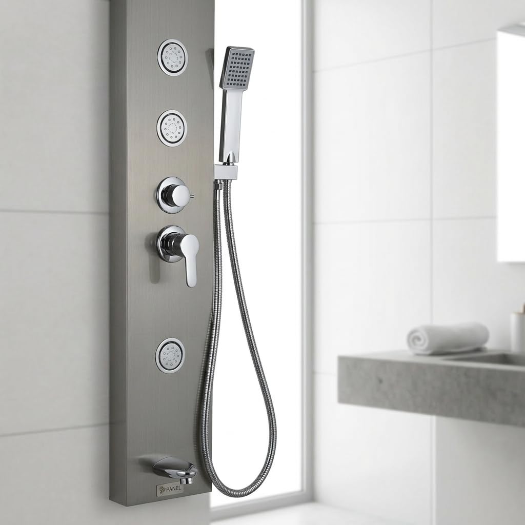Brushed chrome shower panel with mixer valve, right angle view with 3 body massage jets and tub spout