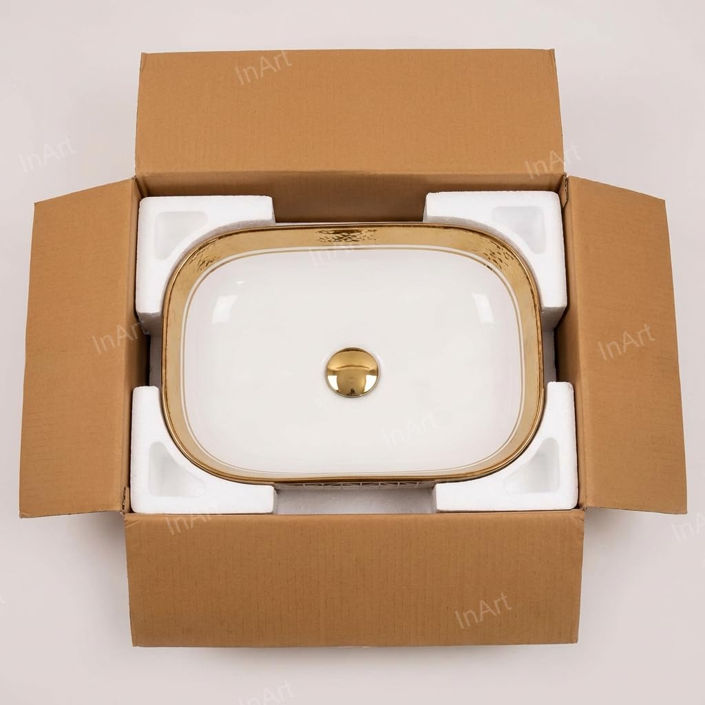 Ceramic table top wash basin with wash basin waste coupling hole, gold finish rectangular basin