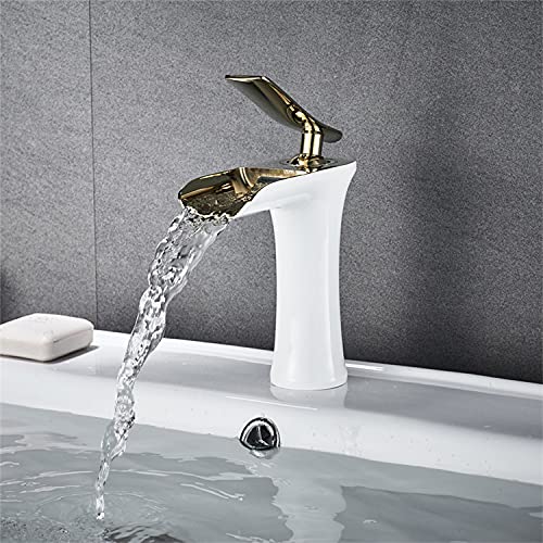 InArt wash basin mixer taps in brass with waterfall spout, white gold finish, single lever basin mixer tap