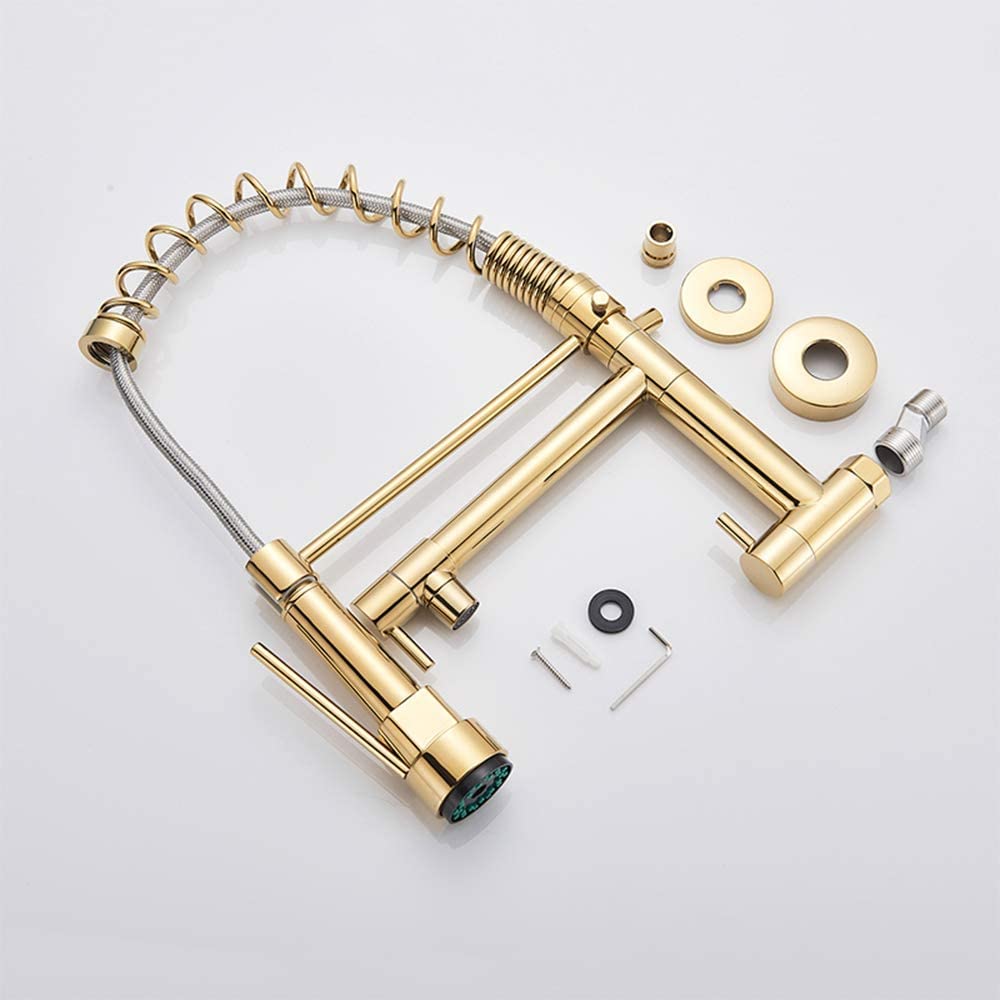 InArt kitchen faucet with sprayer, close-up of multi-function spray head and pull-down hose in gold