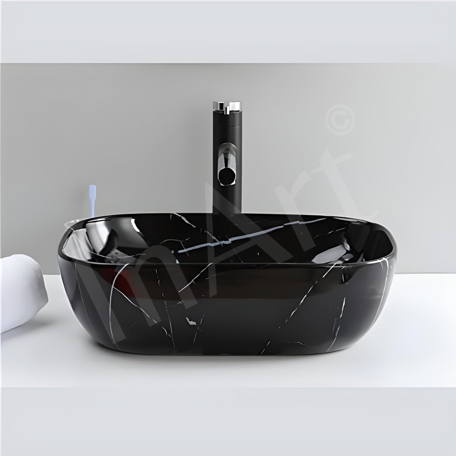Black ceramic table top wash basin with granite counter look for bathroom or dining hall, premium sanitaryware